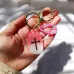 Custom Resin Holy Cross Keyring with Pink and Purple Beaded Charm