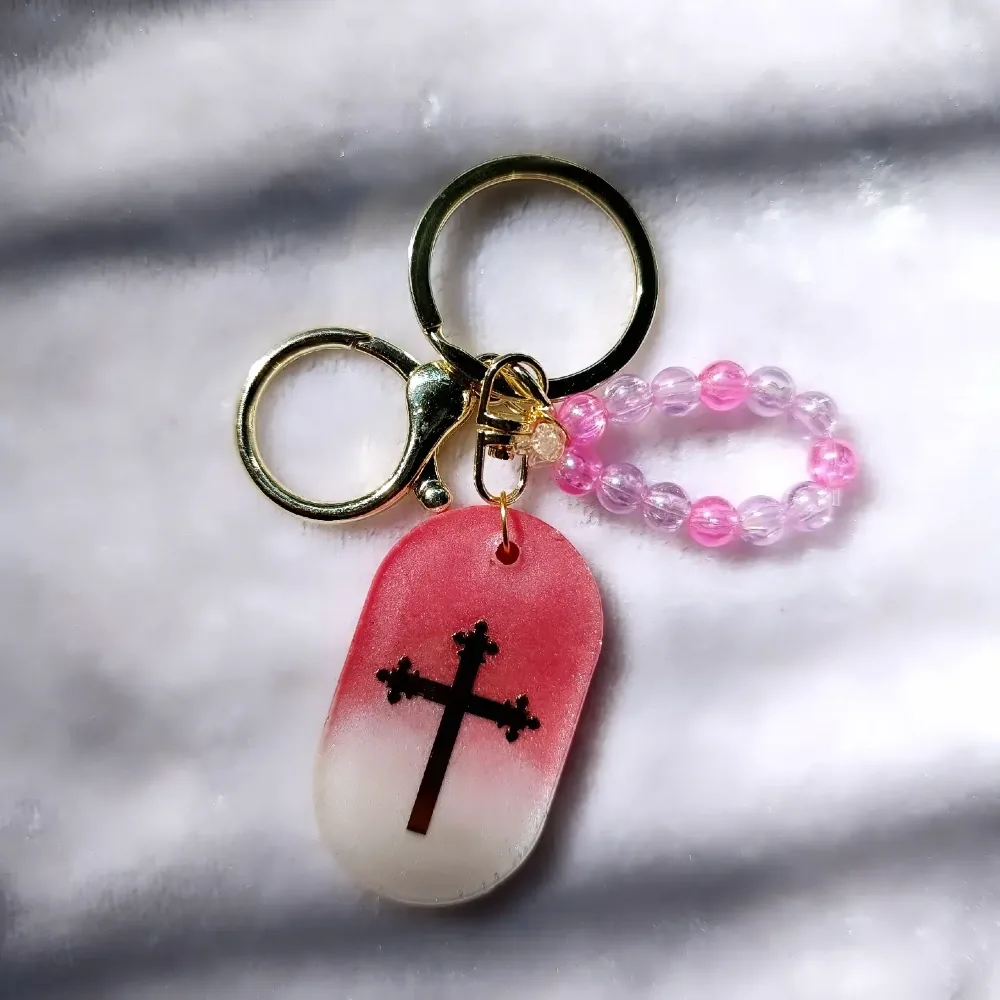Custom Resin Holy Cross Keyring with Pink and Purple Beaded Charm