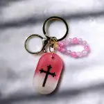 Custom Resin Holy Cross Keyring with Pink and Purple Beaded Charm