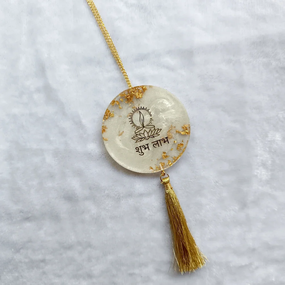 Handcrafted Shubh Labh Resin Car Hanging - Custom Rearview Mirror Charm with Gold Flakes