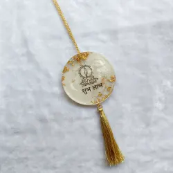 Handcrafted Shubh Labh Resin Car Hanging - Custom Rearview Mirror Charm with Gold Flakes
