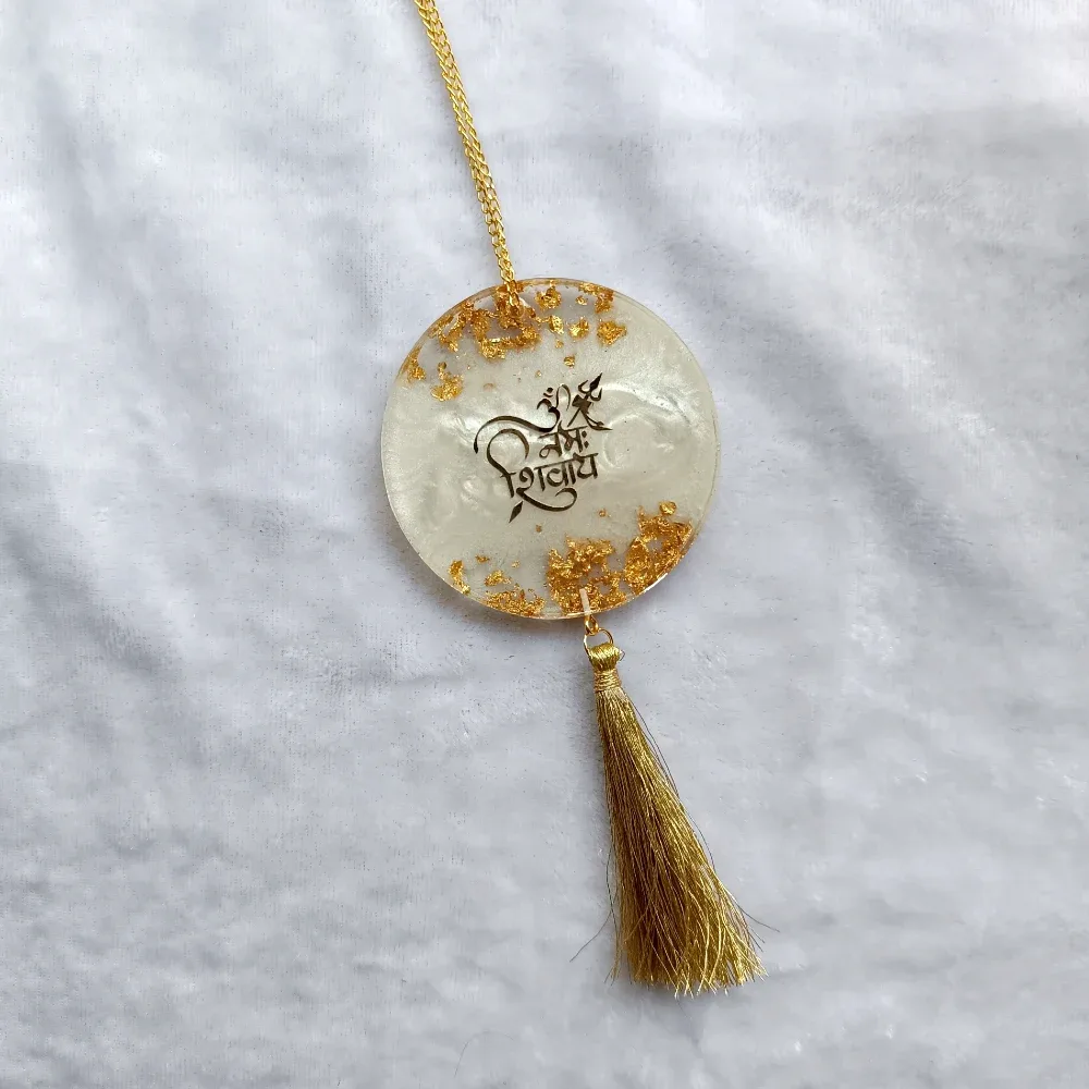 Handcrafted Om Namah Shivay Resin Car Hanging - Custom Rearview Mirror Charm with Gold Flakes