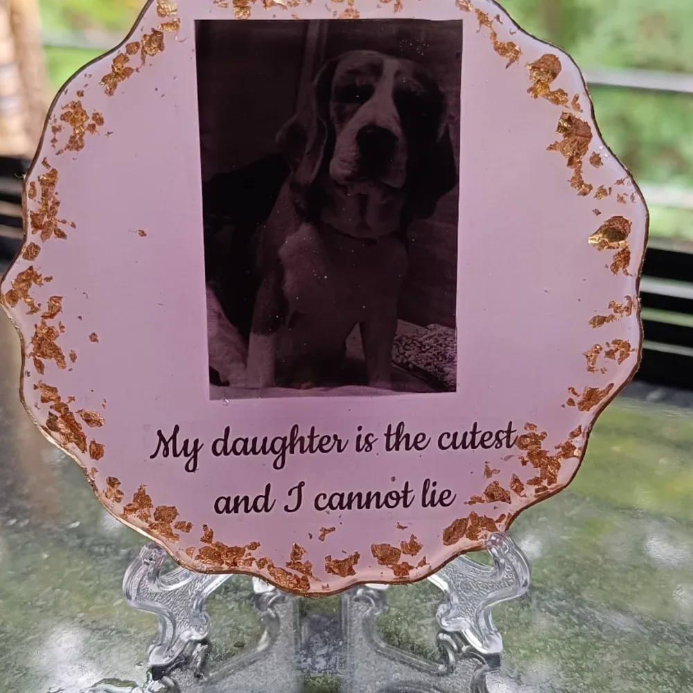 Handcrafted Resin Pet Picture Frame - Customized Dog Portrait Decor with Gold Foil Edges