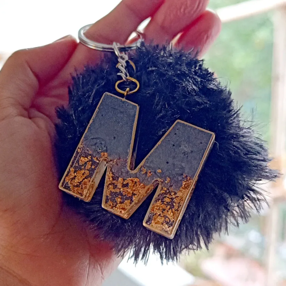 Custom Monogram Resin Keychain with Furry Pom Pom Charm and Gold Foil