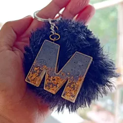Custom Monogram Resin Keychain with Furry Pom Pom Charm and Gold Foil