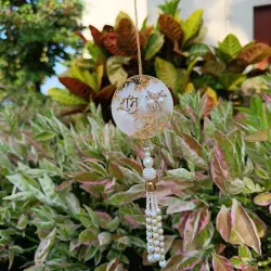 Handmade Spiritual Resin Car Charm - Auspicious Shubh Labh Rearview Mirror Decor with Pearl Embellishments