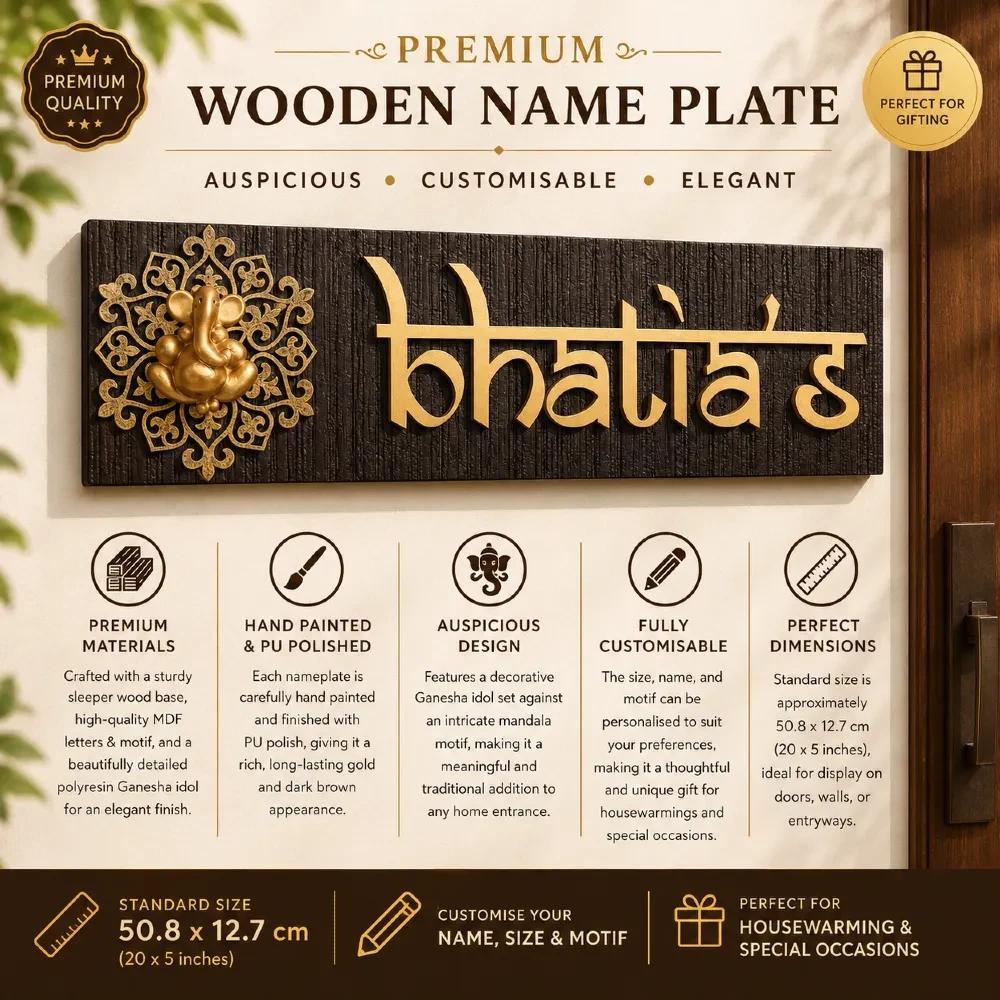 Personalized Wooden Nameplate Design with Ganesha Motif & MDF Letters, Hand Painted, PU Polished, Gold and Dark Brown, 50 x 12.5 cm, Name Plate For Home, Office & Outdoor Entrance