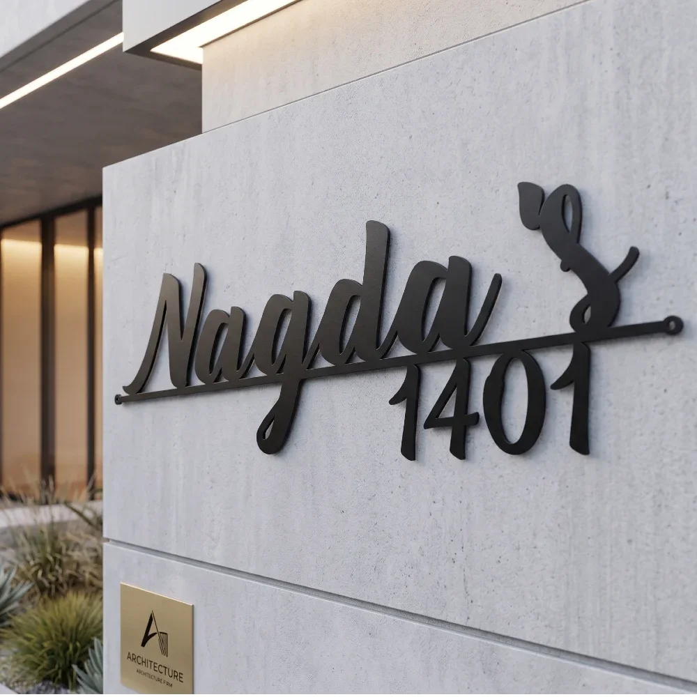 Customised Stainless Steel Script Name Plate with House Number, 24 x 9 Inches, 2mm SS 304 Grade, Matt Black Powder Coated Finish, Modern Wall Mountable Name Plate for Home, Villa, Flat & Main Entrance