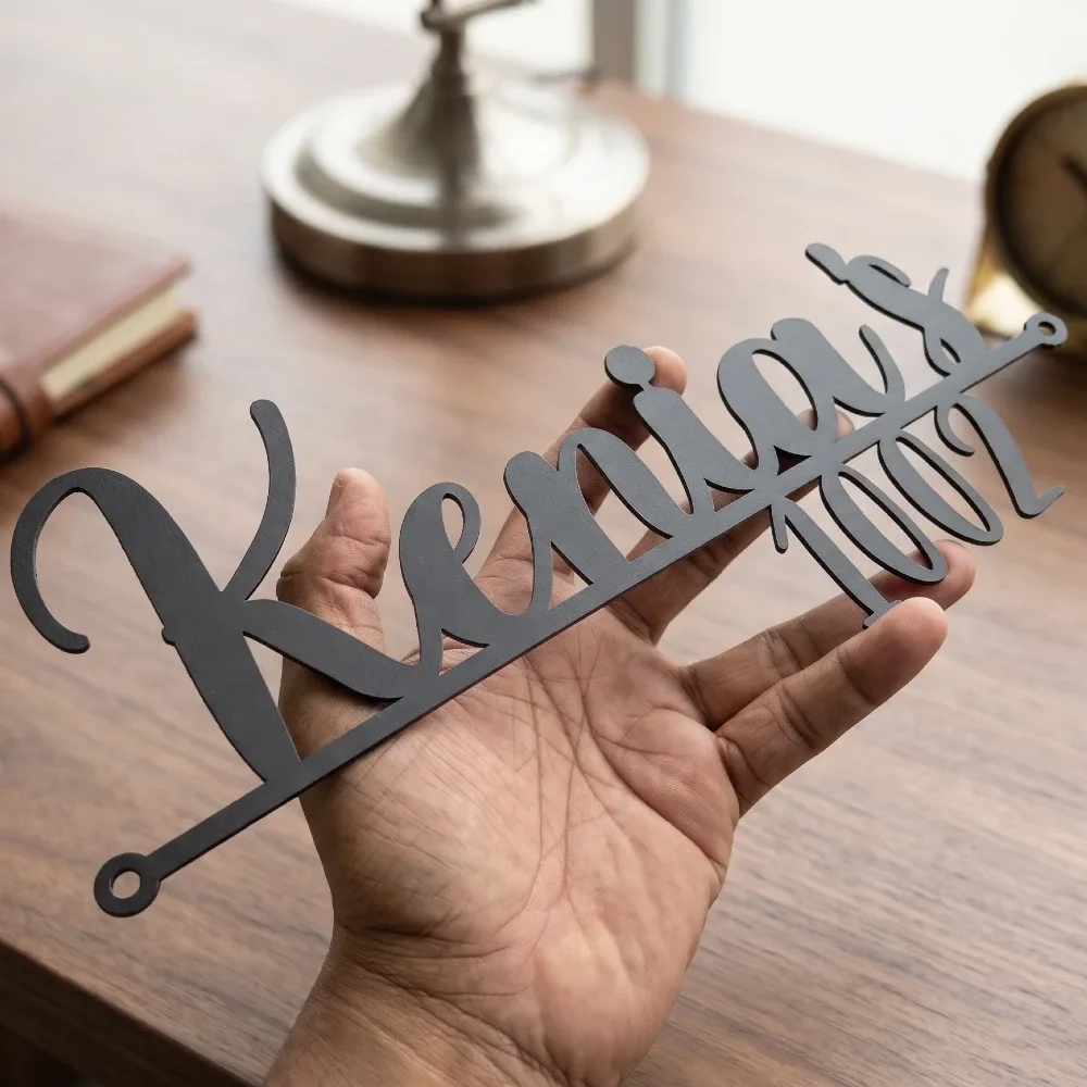 Customised Script Metal Name Plate with House Number, 12 x 6 Inches, 2mm SS 304 Grade, Matt Black Powder Coated Finish Modern Wall Mountable Name Plate for Home, Villa, Flat & Main Entrance