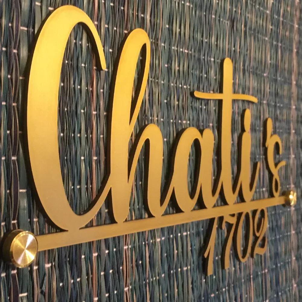 Customised Gold Script Metal Name Plate with House Number, 11 x 6 Inches, 2mm SS 304 Grade, Matt Brush Finish, Gold PU Coated Laser Cut Surname Sign