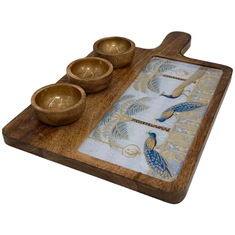Premium Handmade Wooden Serving Board with 3 Bowls, Mango Wood & Enamel Coated Serving Platter with Decorative Inlay
