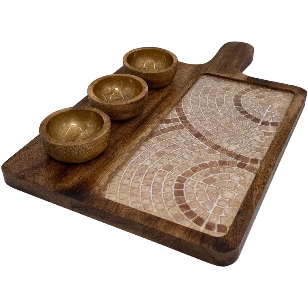 Premium Handmade Wooden Serving Board with 3 Bowls, Mango Wood & Enamel Coated Serving Platter with Decorative Inlay