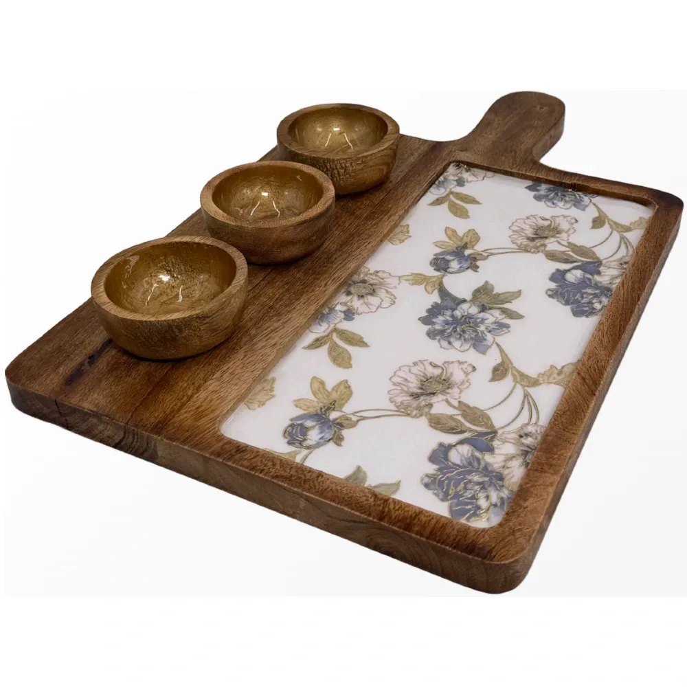 Premium Handmade Wooden Serving Board with 3 Bowls, Mango Wood & Enamel Coated Serving Platter with Decorative Inlay