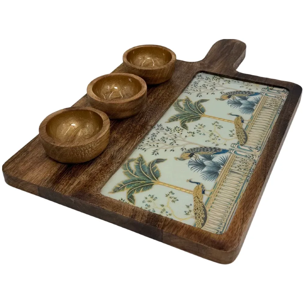 Premium Handmade Wooden Serving Board with 3 Bowls, Mango Wood & Enamel Coated Serving Platter with Decorative Inlay