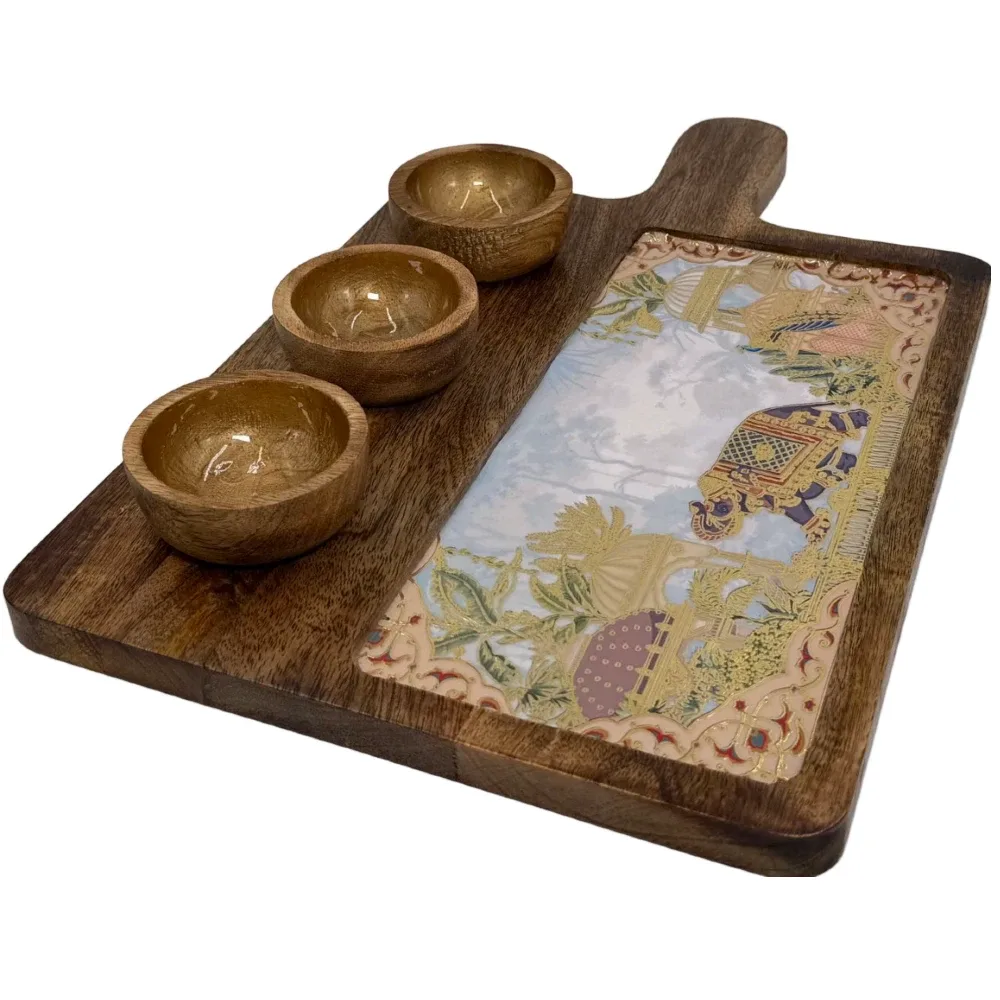 Premium Handmade Wooden Serving Board with 3 Bowls, Mango Wood & Enamel Coated Serving Platter with Decorative Inlay