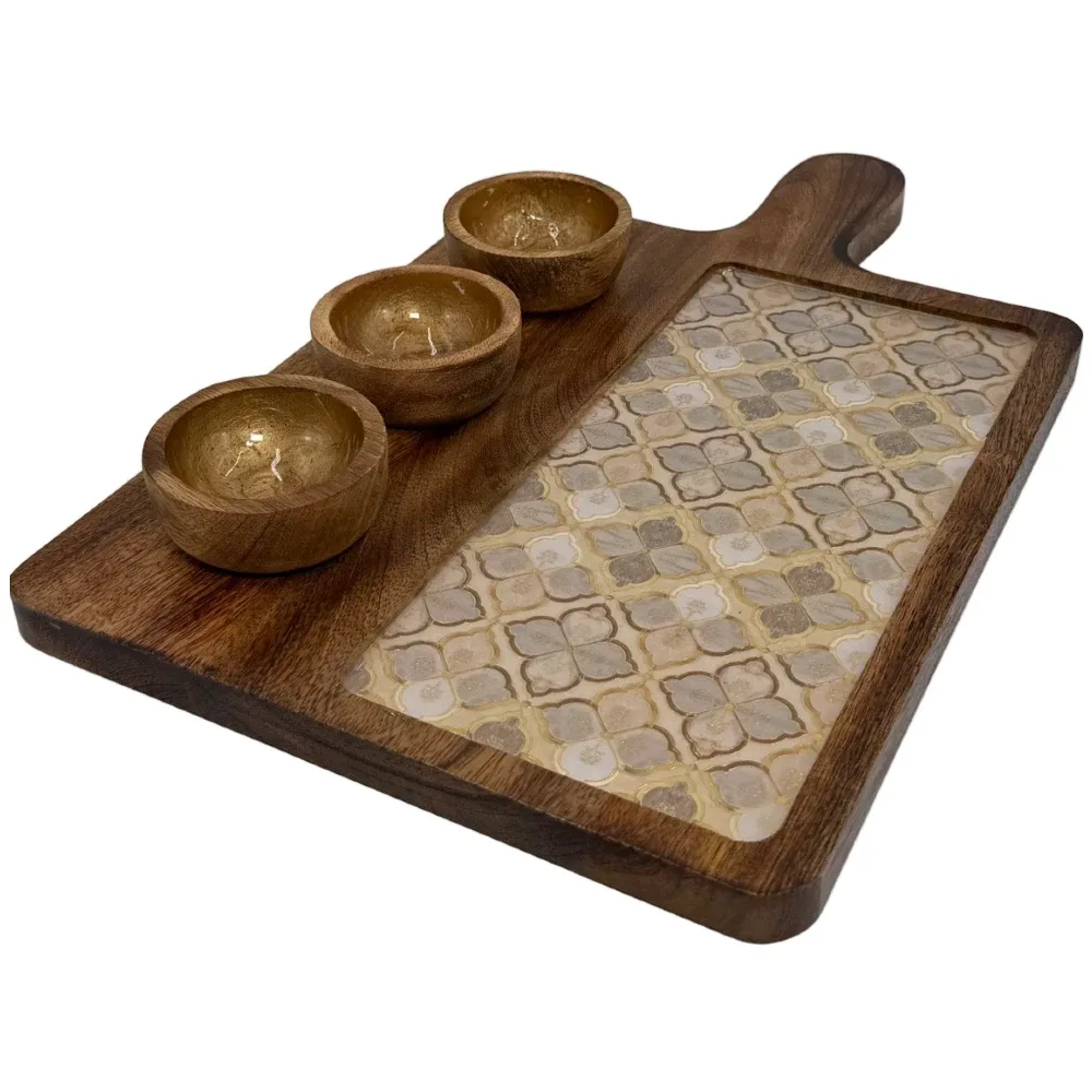 Premium Handmade Wooden Serving Board with 3 Bowls, Mango Wood & Enamel Coated Serving Platter with Decorative Inlay