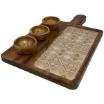 Premium Handmade Wooden Serving Board with 3 Bowls, Mango Wood & Enamel Coated Serving Platter with Decorative Inlay - Image 6