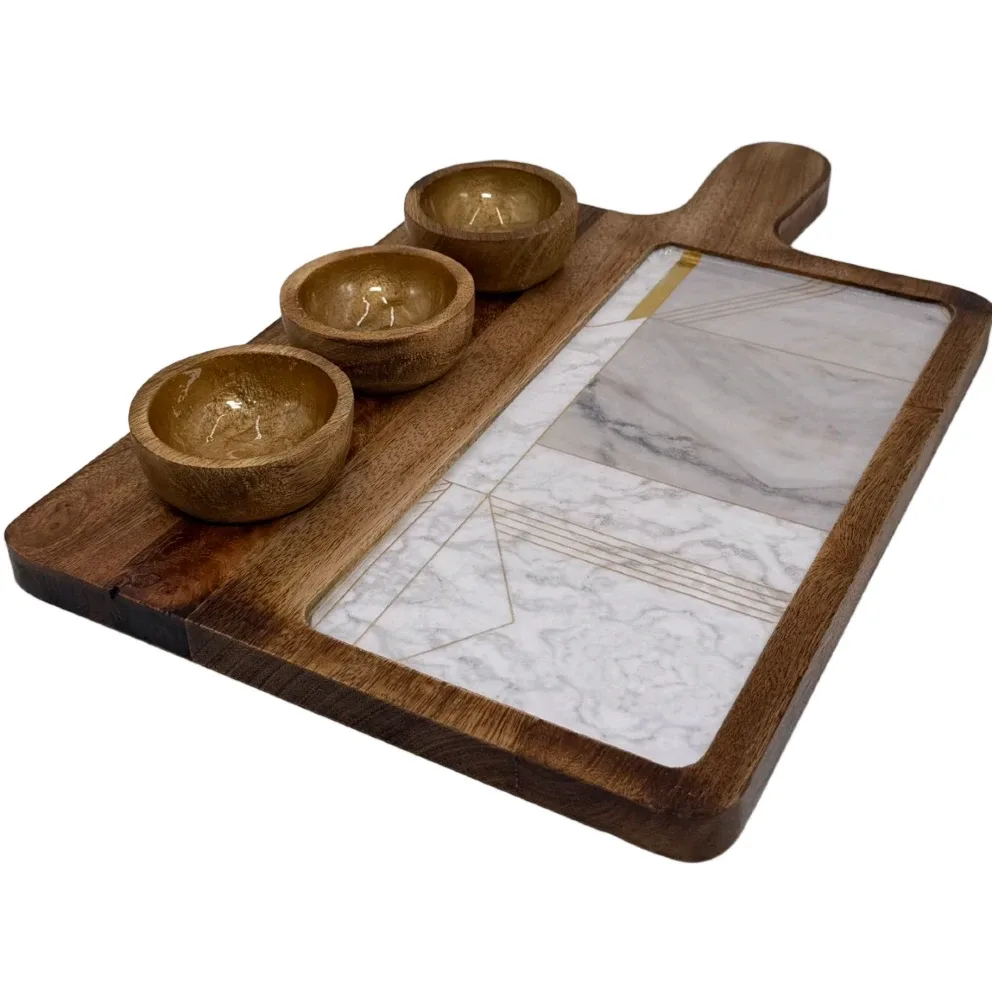 Premium Handmade Wooden Serving Board with 3 Bowls, Mango Wood & Enamel Coated Serving Platter with Decorative Inlay