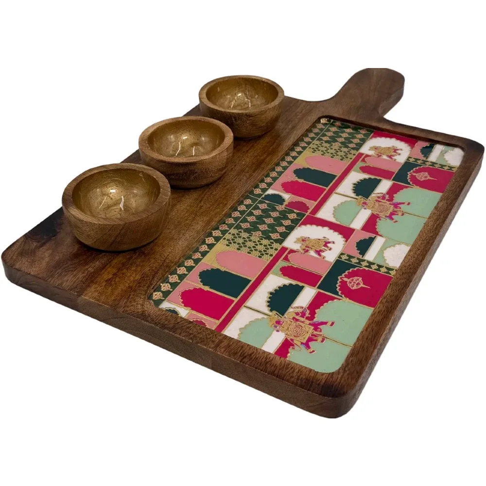 Premium Handmade Wooden Serving Board with 3 Bowls, Mango Wood & Enamel Coated Serving Platter with Decorative Inlay
