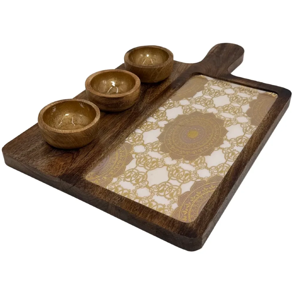 Premium Handmade Wooden Serving Board with 3 Bowls, Mango Wood & Enamel Coated Serving Platter with Decorative Inlay
