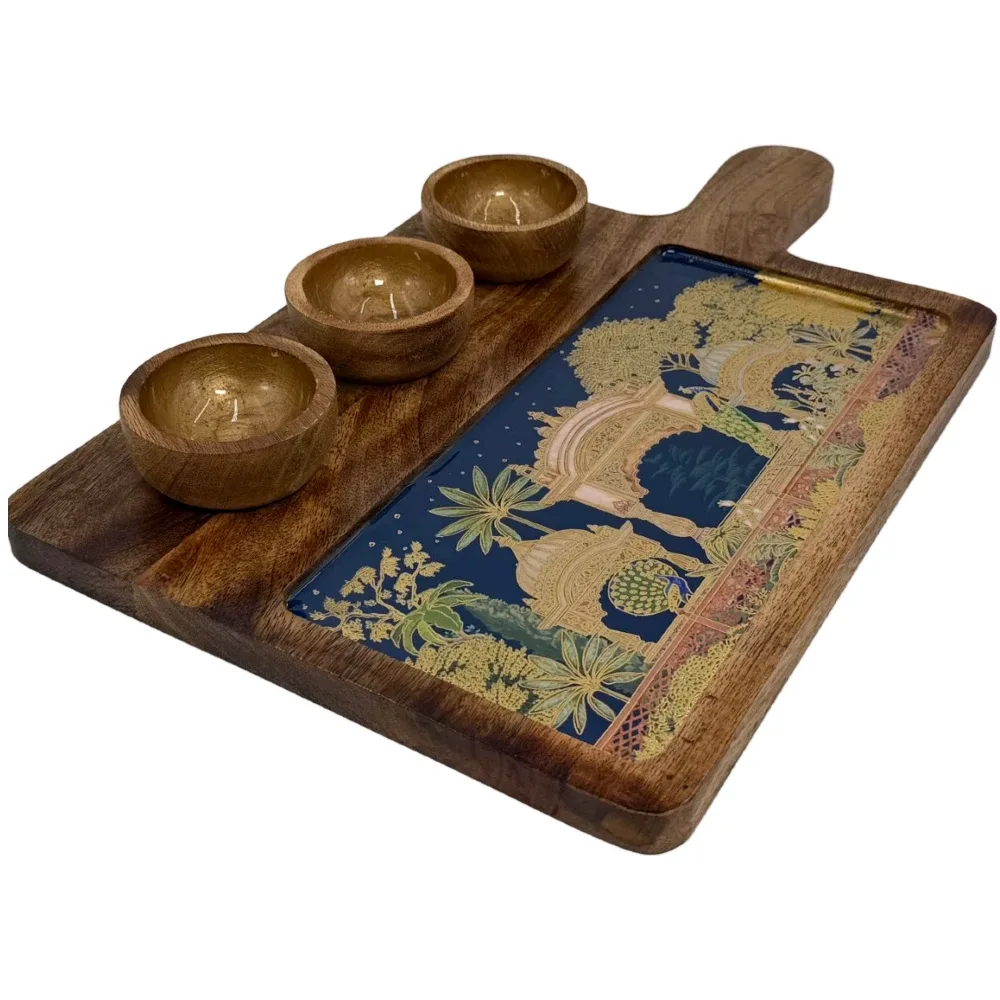 Premium Handmade Wooden Serving Board with 3 Bowls, Mango Wood & Enamel Coated Serving Platter with Decorative Inlay