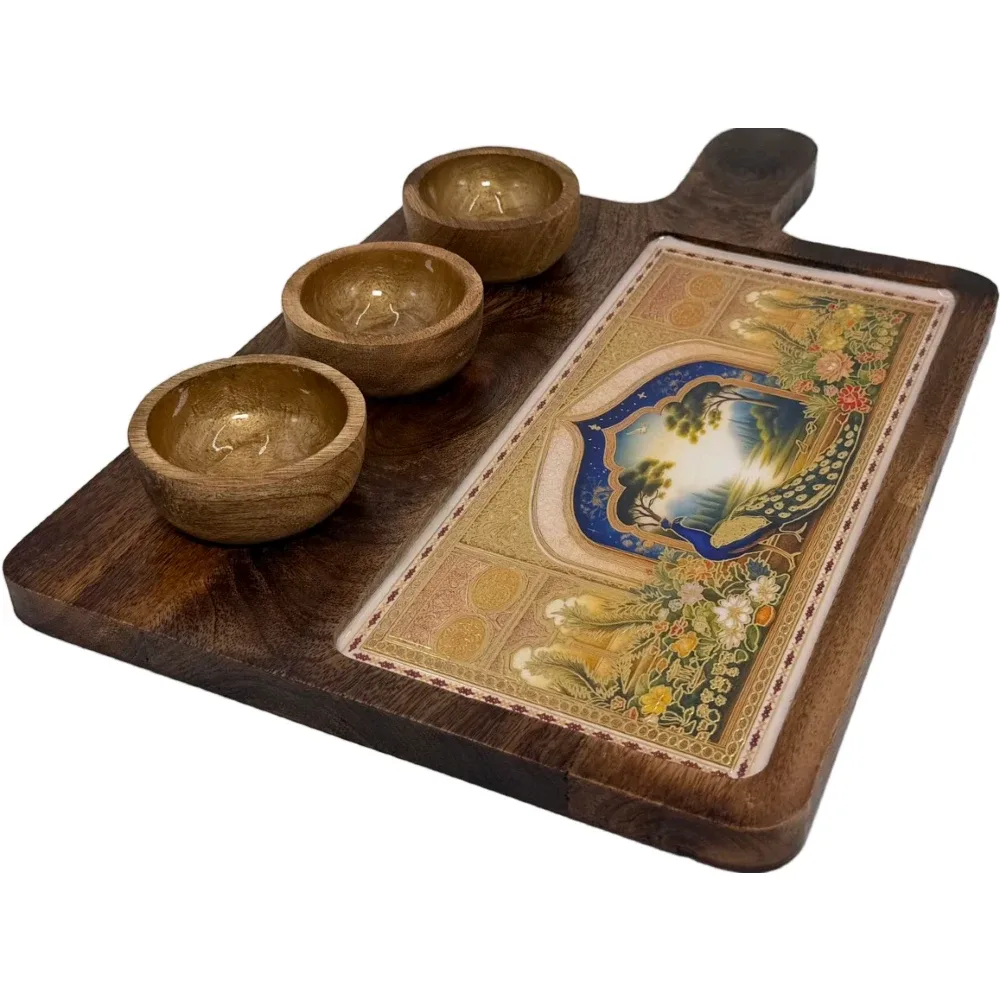 Premium Handmade Wooden Serving Board with 3 Bowls, Mango Wood & Enamel Coated Serving Platter with Decorative Inlay