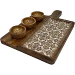 Premium Handmade Wooden Serving Board with 3 Bowls, Mango Wood & Enamel Coated Serving Platter with Decorative Inlay - Image 13