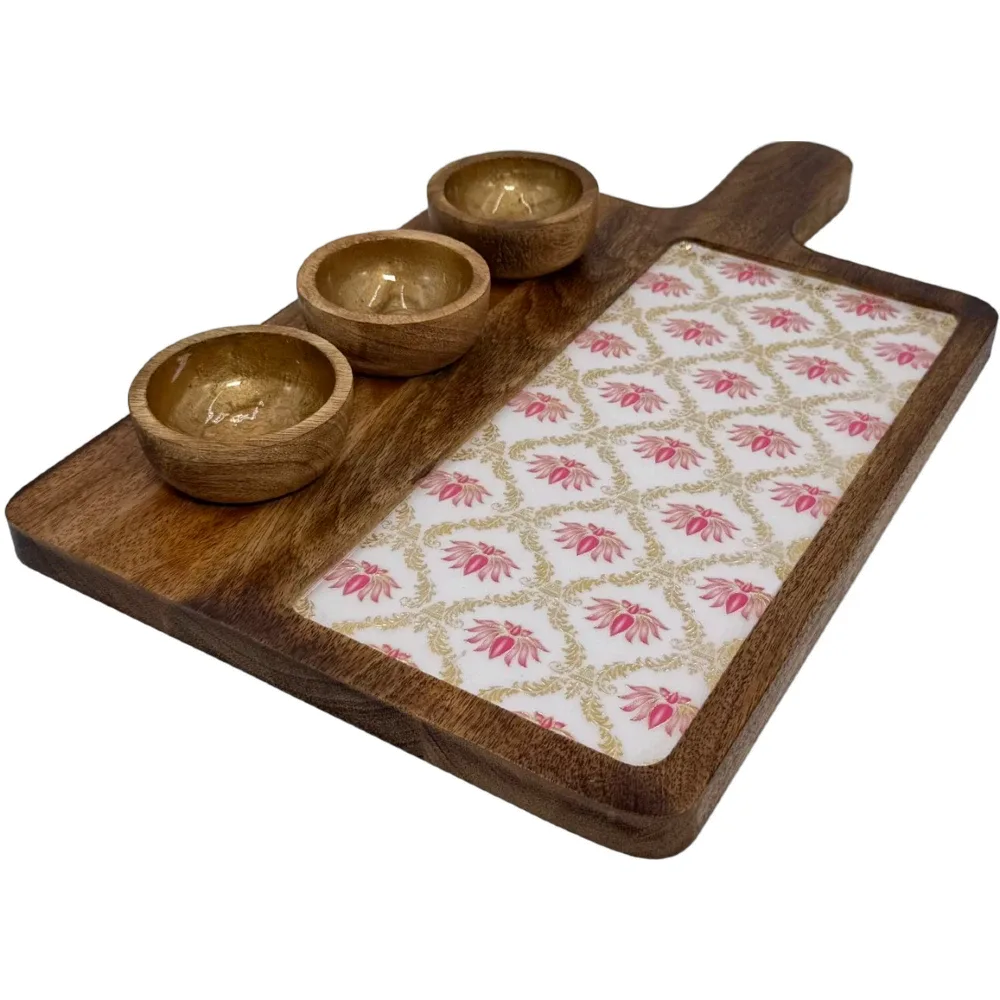 Premium Handmade Wooden Serving Board with 3 Bowls, Mango Wood & Enamel Coated Serving Platter with Decorative Inlay