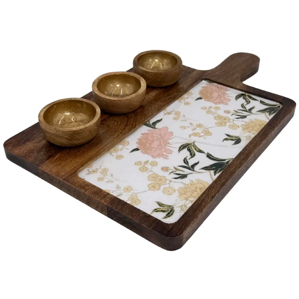 Premium Handmade Wooden Serving Board with 3 Bowls, Mango Wood & Enamel Coated Serving Platter with Decorative Inlay