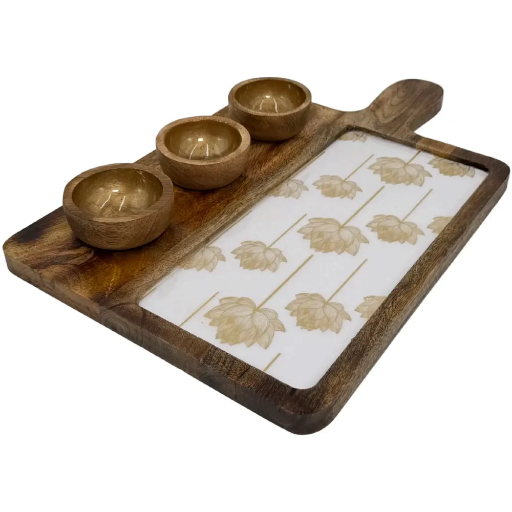 Premium Handmade Wooden Serving Board with 3 Bowls, Mango Wood & Enamel Coated Serving Platter with Decorative Inlay