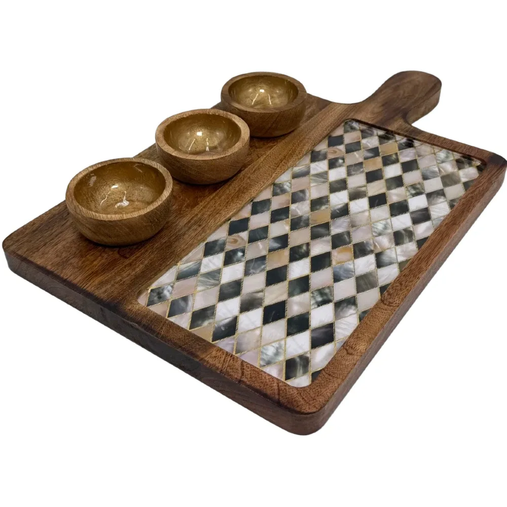 Premium Handmade Wooden Serving Board with 3 Bowls, Mango Wood & Enamel Coated Serving Platter with Decorative Inlay