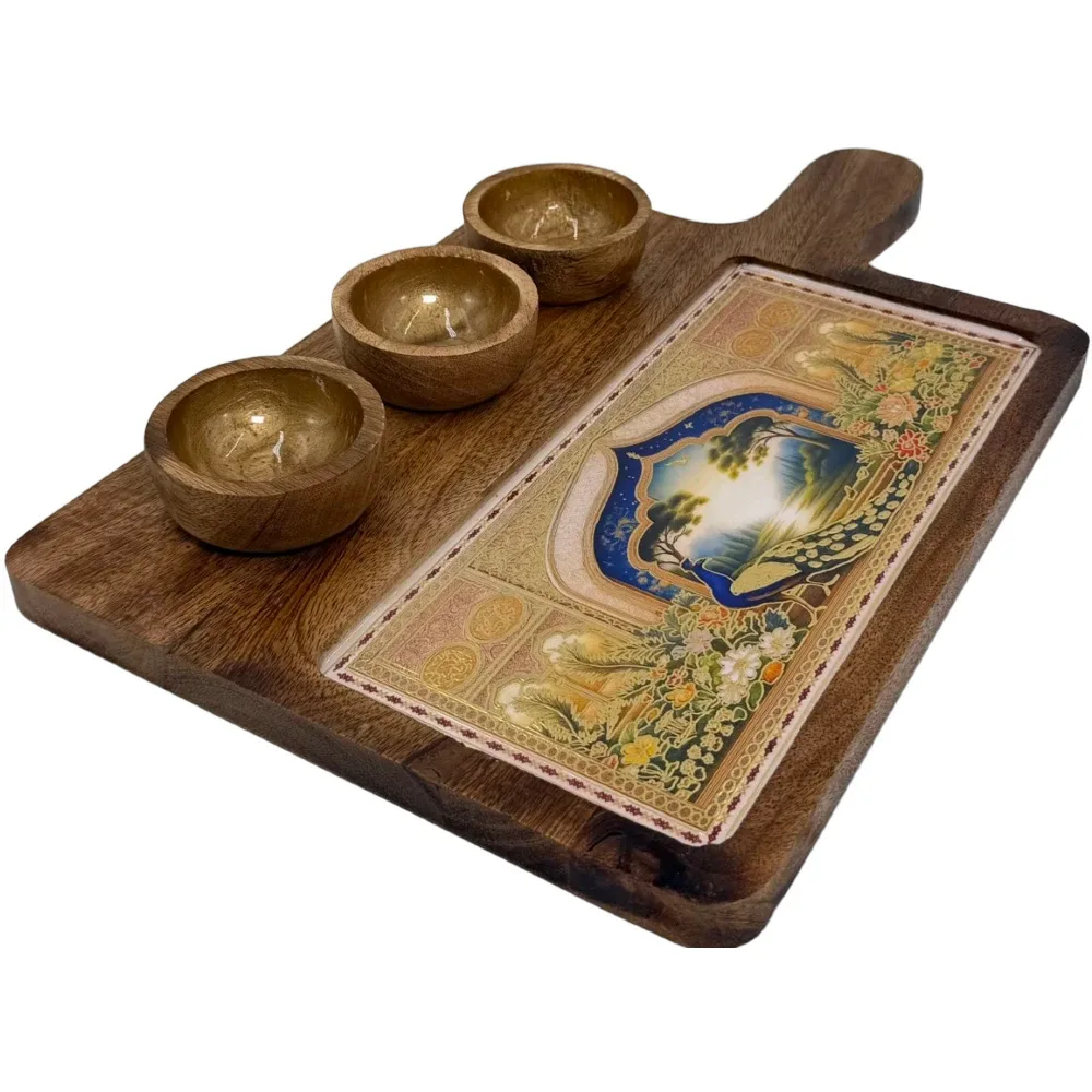 Premium Handmade Wooden Serving Board with 3 Bowls, Mango Wood & Enamel Coated Serving Platter with Decorative Inlay