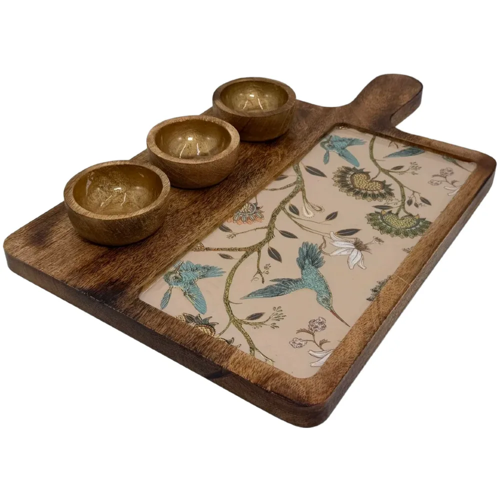 Premium Handmade Wooden Serving Board with 3 Bowls, Mango Wood & Enamel Coated Serving Platter with Decorative Inlay