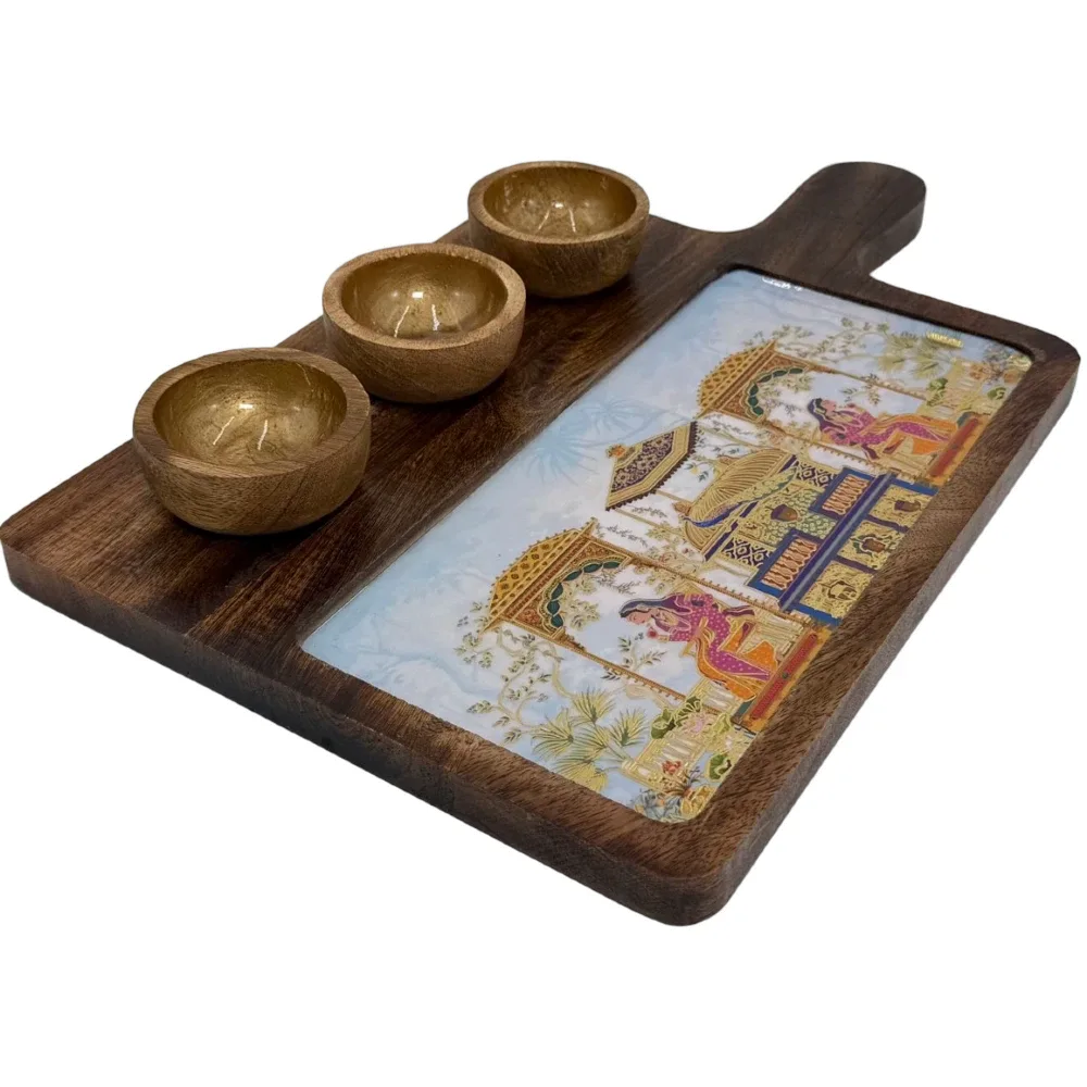 Premium Handmade Wooden Serving Board with 3 Bowls, Mango Wood & Enamel Coated Serving Platter with Decorative Inlay