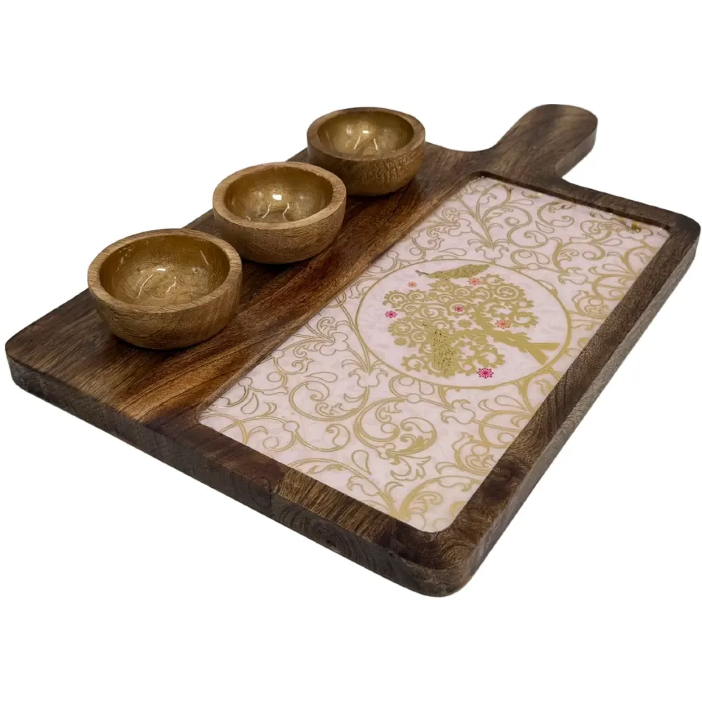 Premium Handmade Wooden Serving Board with 3 Bowls, Mango Wood & Enamel Coated Serving Platter with Decorative Inlay