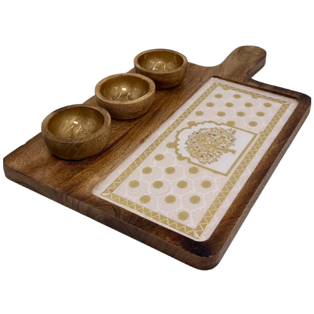 Premium Handmade Wooden Serving Board with 3 Bowls, Mango Wood & Enamel Coated Serving Platter with Decorative Inlay