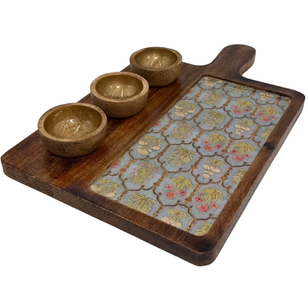 Premium Handmade Wooden Serving Board with 3 Bowls, Mango Wood & Enamel Coated Serving Platter with Decorative Inlay