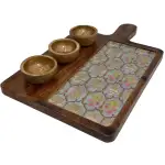 Premium Handmade Wooden Serving Board with 3 Bowls, Mango Wood & Enamel Coated Serving Platter with Decorative Inlay - Image 23