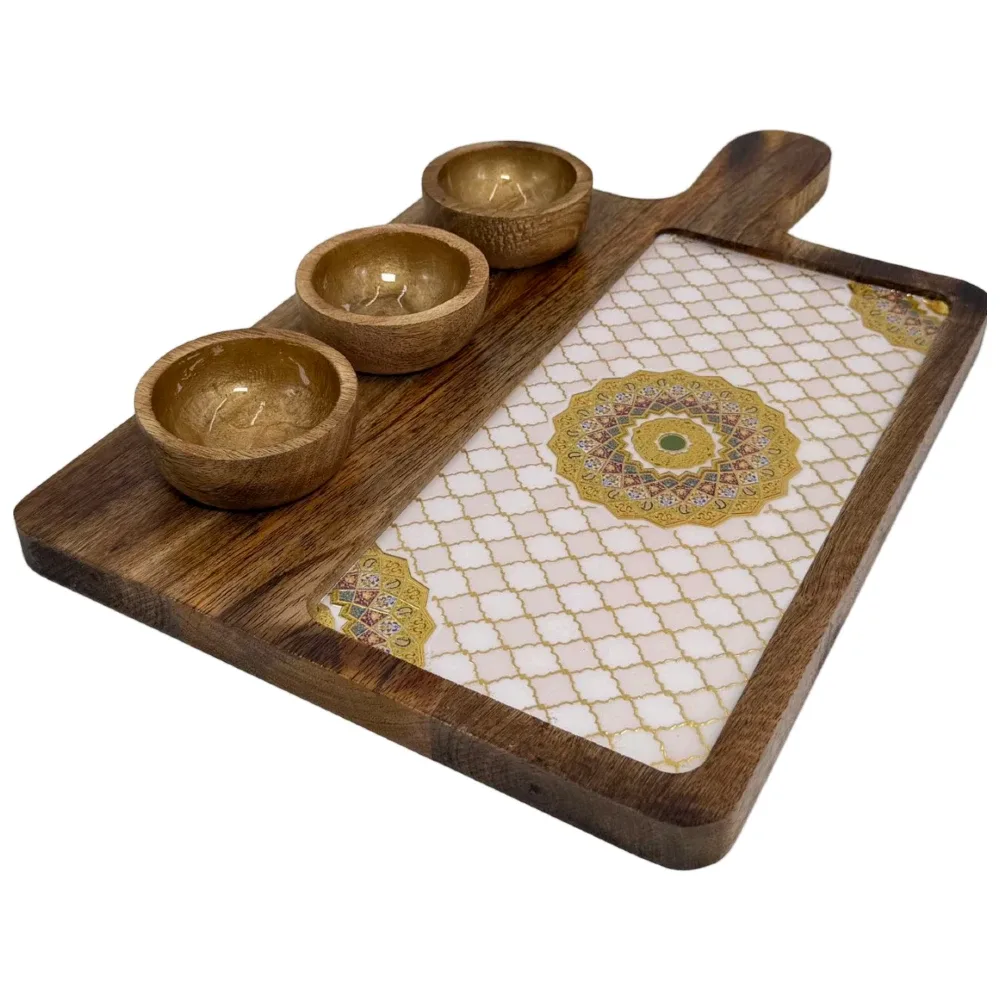 Premium Handmade Wooden Serving Board with 3 Bowls, Mango Wood & Enamel Coated Serving Platter with Decorative Inlay