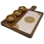 Premium Handmade Wooden Serving Board with 3 Bowls, Mango Wood & Enamel Coated Serving Platter with Decorative Inlay - Image 25