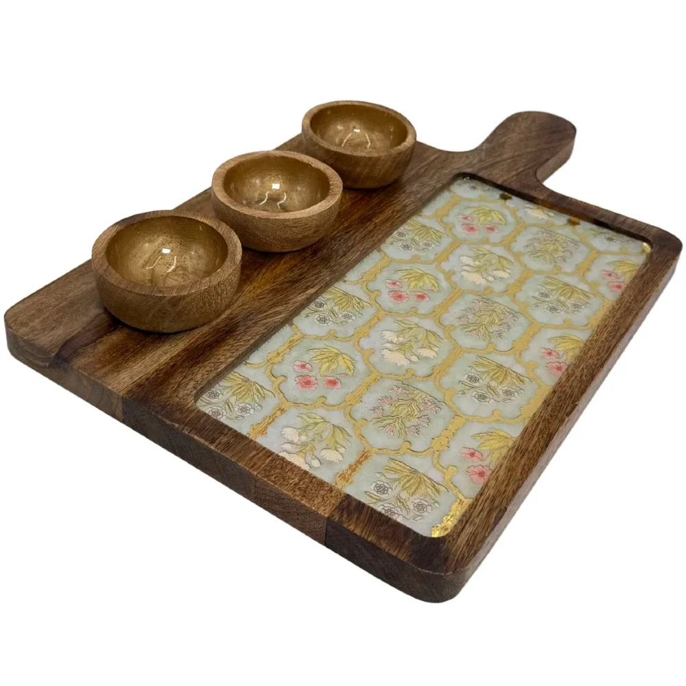 Premium Handmade Wooden Serving Board with 3 Bowls, Mango Wood & Enamel Coated Serving Platter with Decorative Inlay