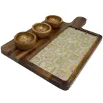 Premium Handmade Wooden Serving Board with 3 Bowls, Mango Wood & Enamel Coated Serving Platter with Decorative Inlay - Image 26