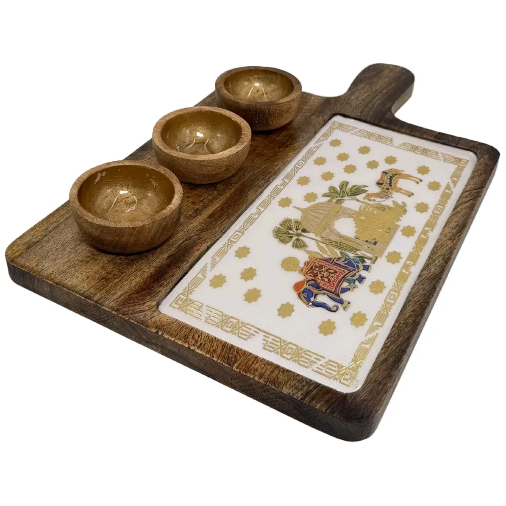 Premium Handmade Wooden Serving Board with 3 Bowls, Mango Wood & Enamel Coated Serving Platter with Decorative Inlay