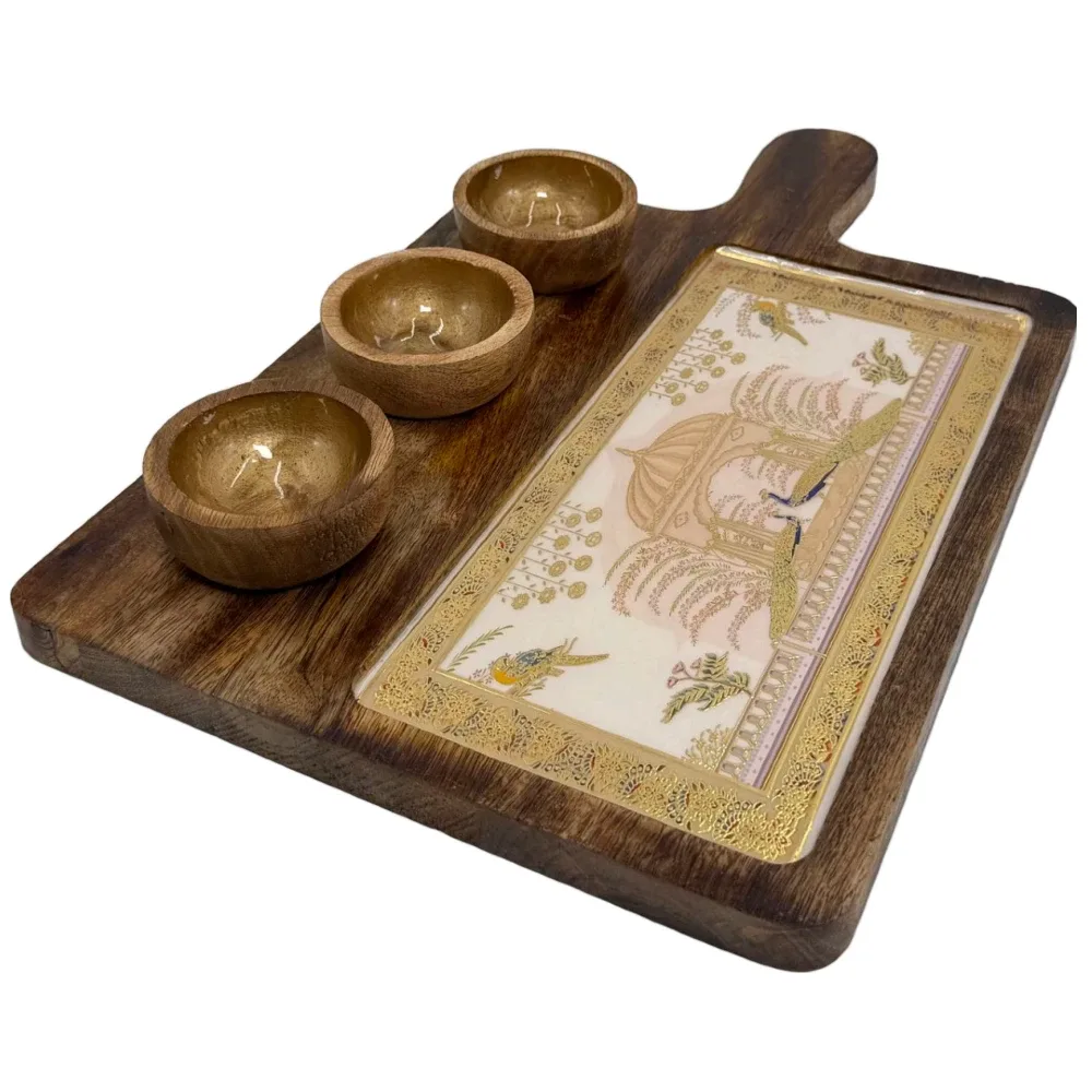 Premium Handmade Wooden Serving Board with 3 Bowls, Mango Wood & Enamel Coated Serving Platter with Decorative Inlay