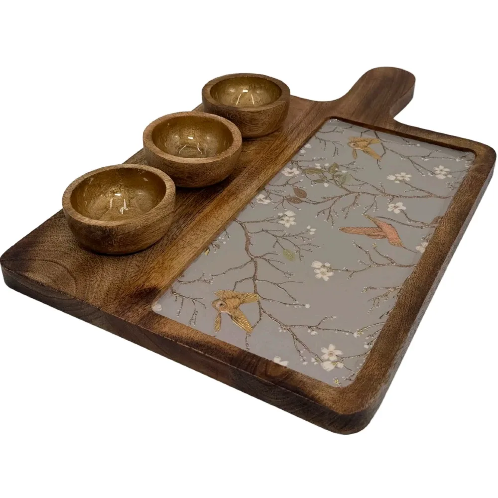 Premium Handmade Wooden Serving Board with 3 Bowls, Mango Wood & Enamel Coated Serving Platter with Decorative Inlay