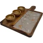 Premium Handmade Wooden Serving Board with 3 Bowls, Mango Wood & Enamel Coated Serving Platter with Decorative Inlay - Image 29