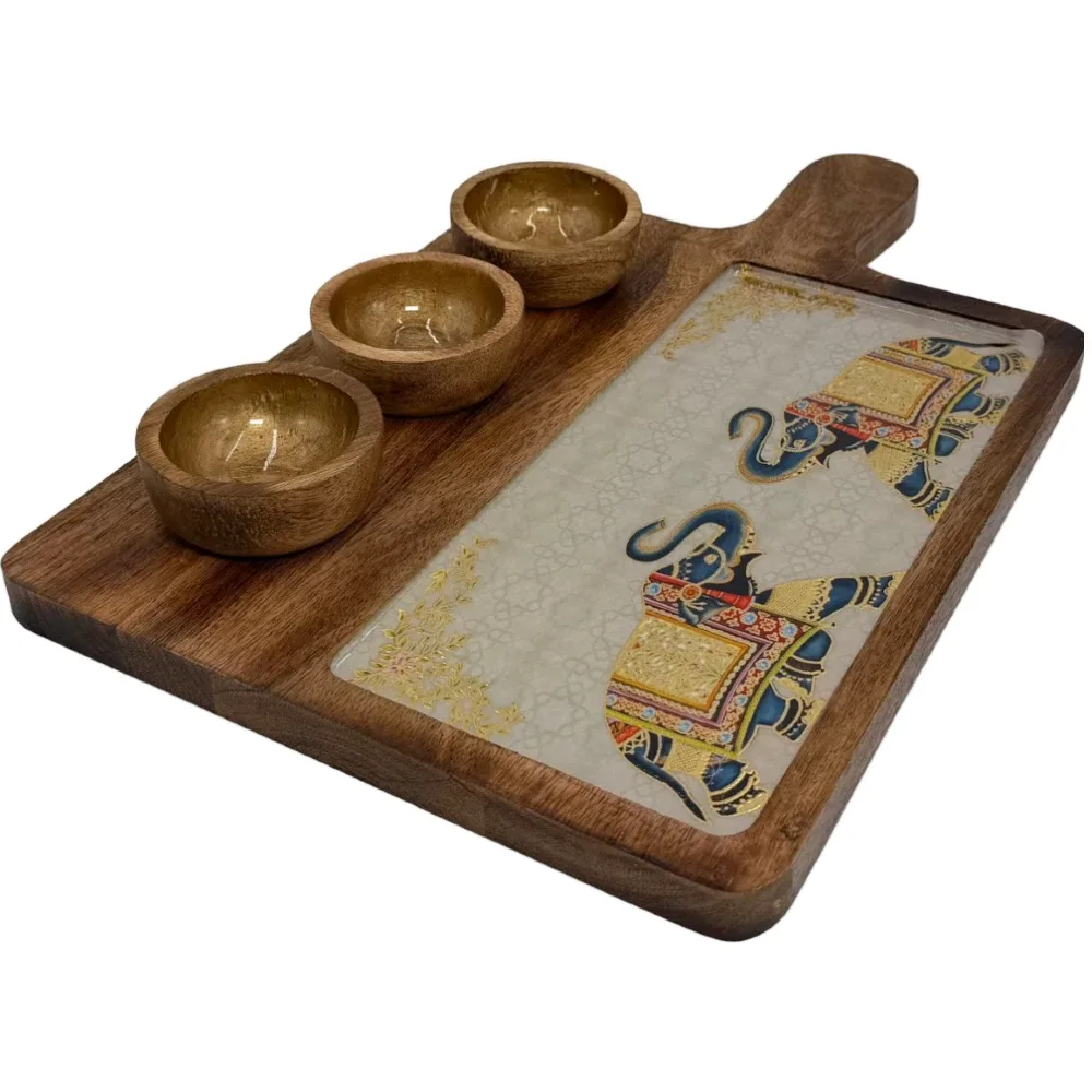 Premium Handmade Wooden Serving Board with 3 Bowls, Mango Wood & Enamel Coated Serving Platter with Decorative Inlay