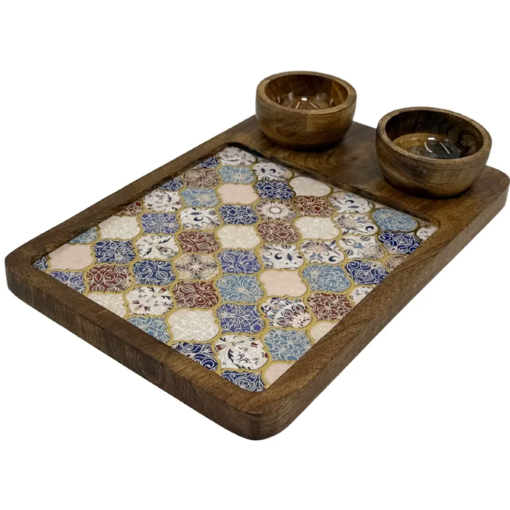 Premium Mango Wood Serving Platter with 2 Bowls, Handcrafted Wooden Appetizer Board with Intricate Patterned Inlay