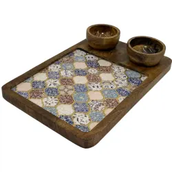 Premium Mango Wood Serving Platter with 2 Bowls, Handcrafted Wooden Appetizer Board with Intricate Patterned Inlay