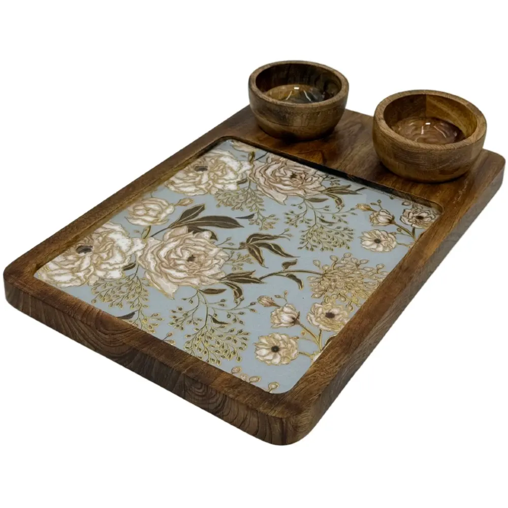 Premium Mango Wood Serving Platter with 2 Bowls, Handcrafted Wooden Appetizer Board with Intricate Patterned Inlay